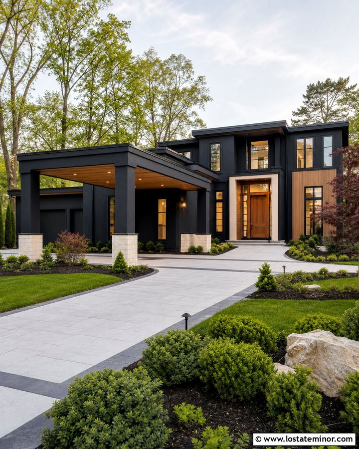 Jet Black Luxury House With Porte Cochere Carport - 30 Jet Black House Design With Carport Ideas