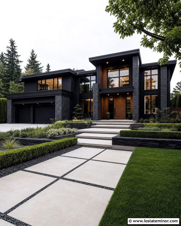 Jet Black Luxury House With Wide Paver Walkway - 30 Jet Black House Design With Walkway Ideas