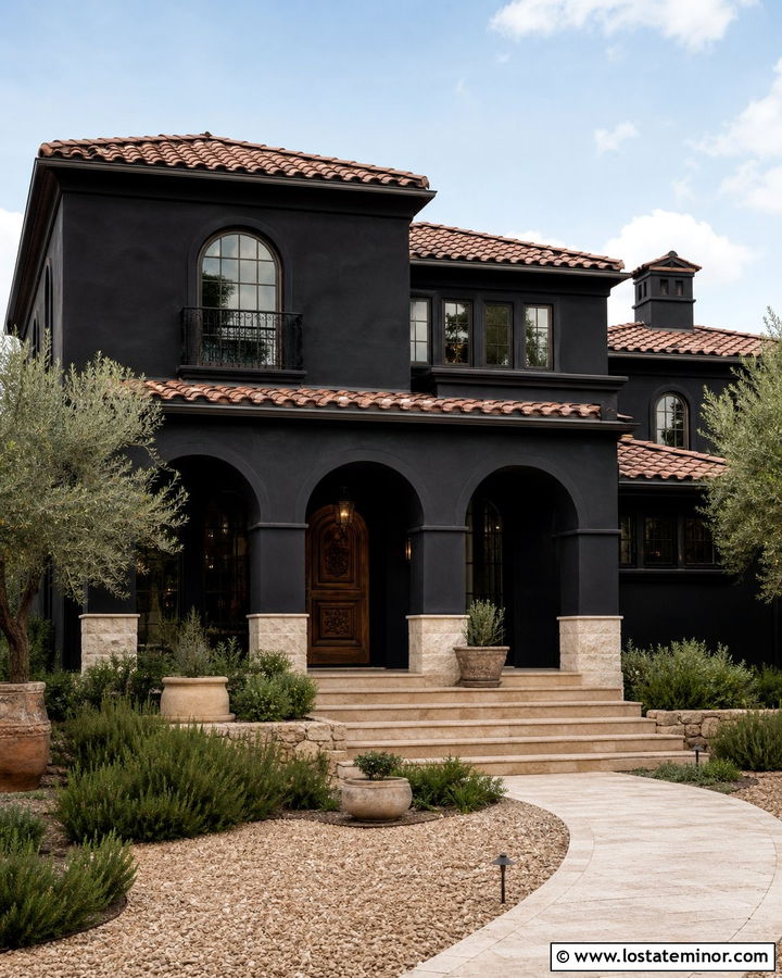 Jet Black Mediterranean House With Arched Porch Columns - 30 Jet Black House Design With Porch Columns Ideas