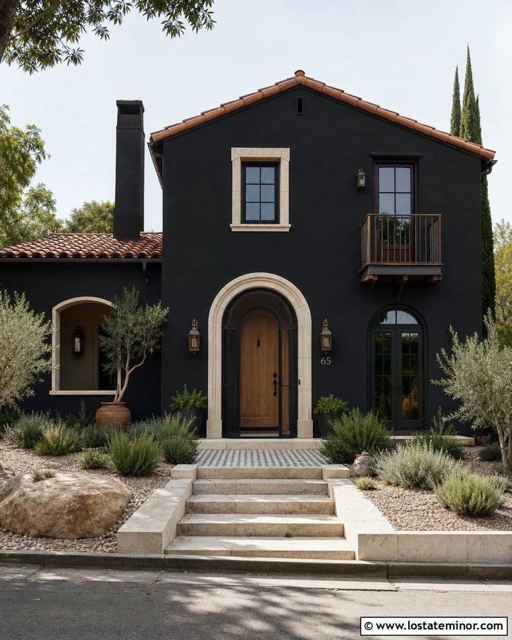 Jet Black Mediterranean House With Bronze Screen Door - 30 Jet Black House Design With Screen Door Ideas