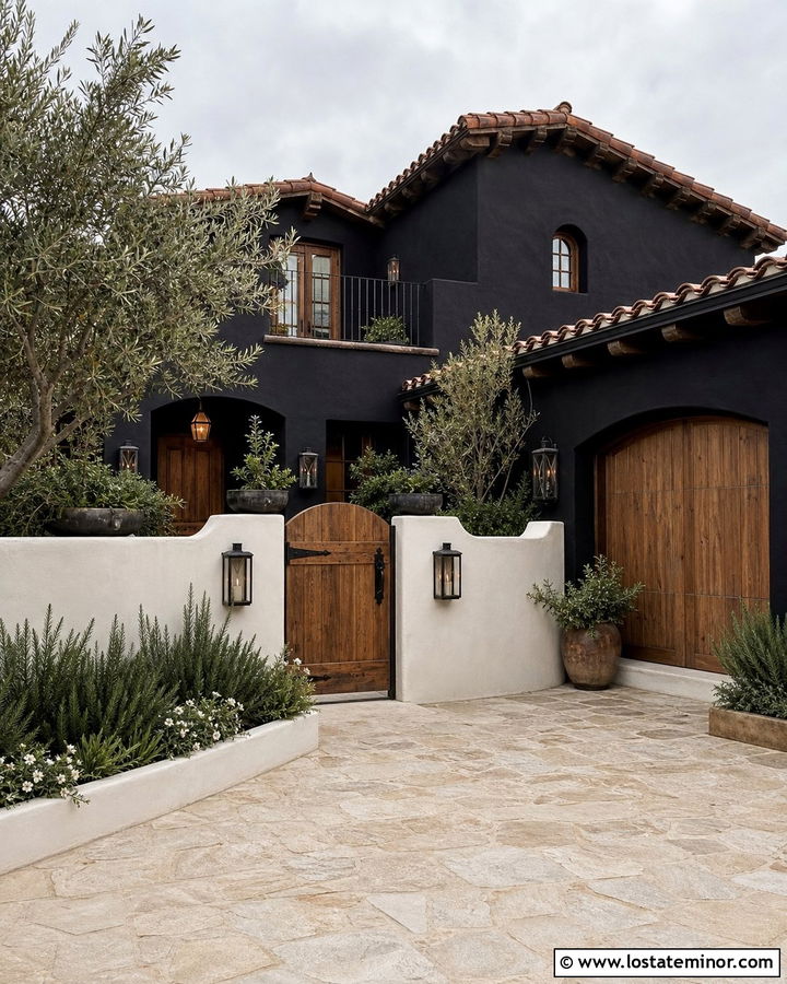 Jet Black Mediterranean House With Courtyard Fence - 30 Jet Black House Design With Fence Ideas