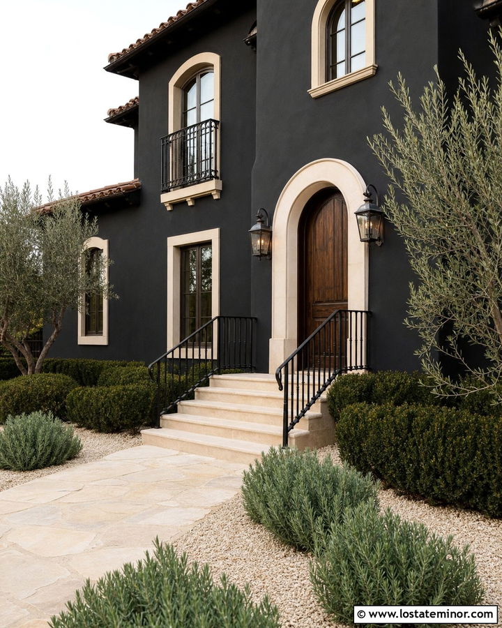 Jet Black Mediterranean House With Limestone Steps - 30 Jet Black House Design With Steps Ideas