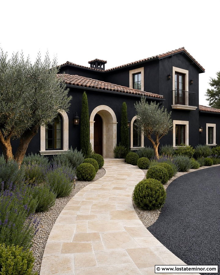 Jet Black Mediterranean House With Limestone Walkway - 30 Jet Black House Design With Walkway Ideas