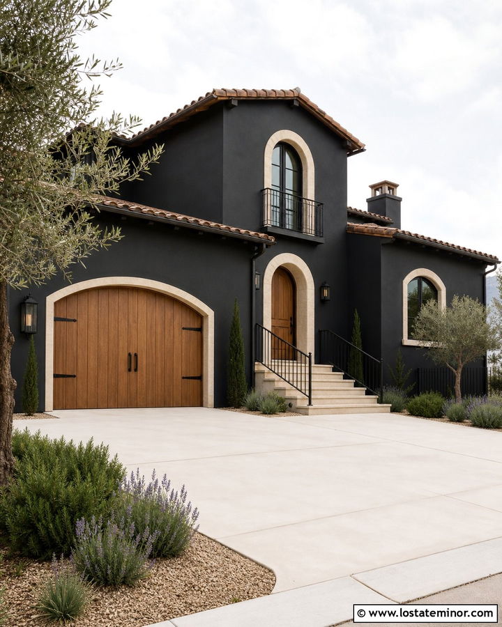 Jet Black Mediterranean House With Natural Oak Garage Door - 30 Jet Black House Design With Garage Door Ideas