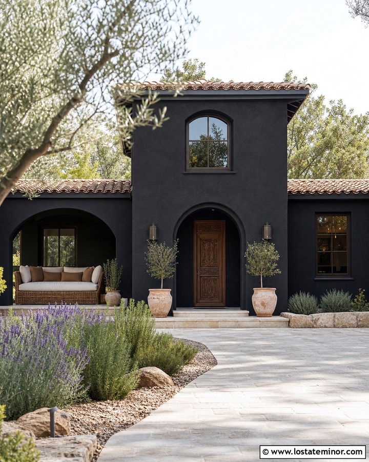 Jet Black Mediterranean House With Rattan Daybed - 30 Jet Black House Design With Daybed Ideas