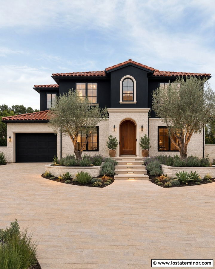 Jet Black Mediterranean House With Stucco Wainscoting - 30 Jet Black House Design With Wainscoting Ideas