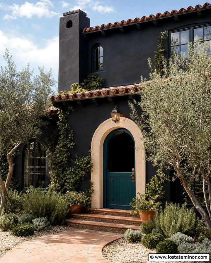 Jet Black Mediterranean House With Teal Dutch Door - 30 Jet Black House Design With Dutch Door Ideas