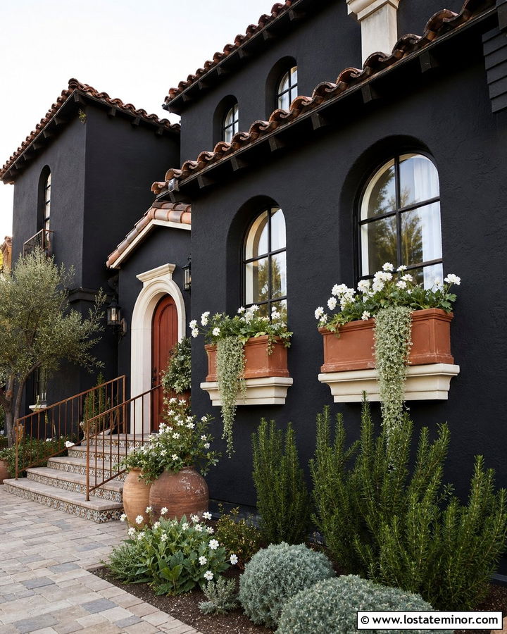 Jet Black Mediterranean House With Terracotta Boxes - 30 Jet Black House Design With Window Boxes Ideas