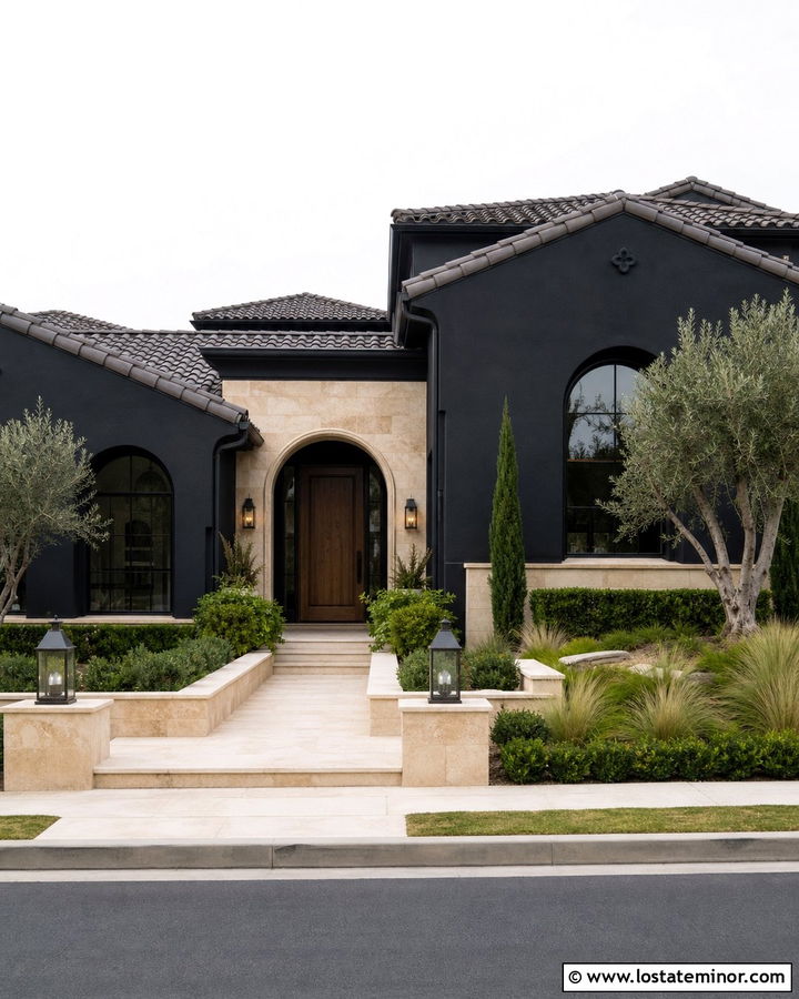 Jet Black Mediterranean House With Travertine - 30 Jet Black House Design With Stone Accents Ideas