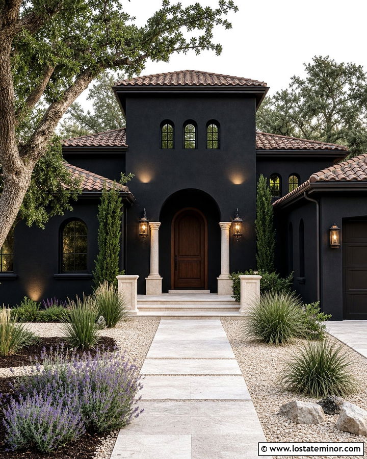 Jet Black Mediterranean House With Wall Wash Lighting - 30 Jet Black House Design With Lighting Ideas