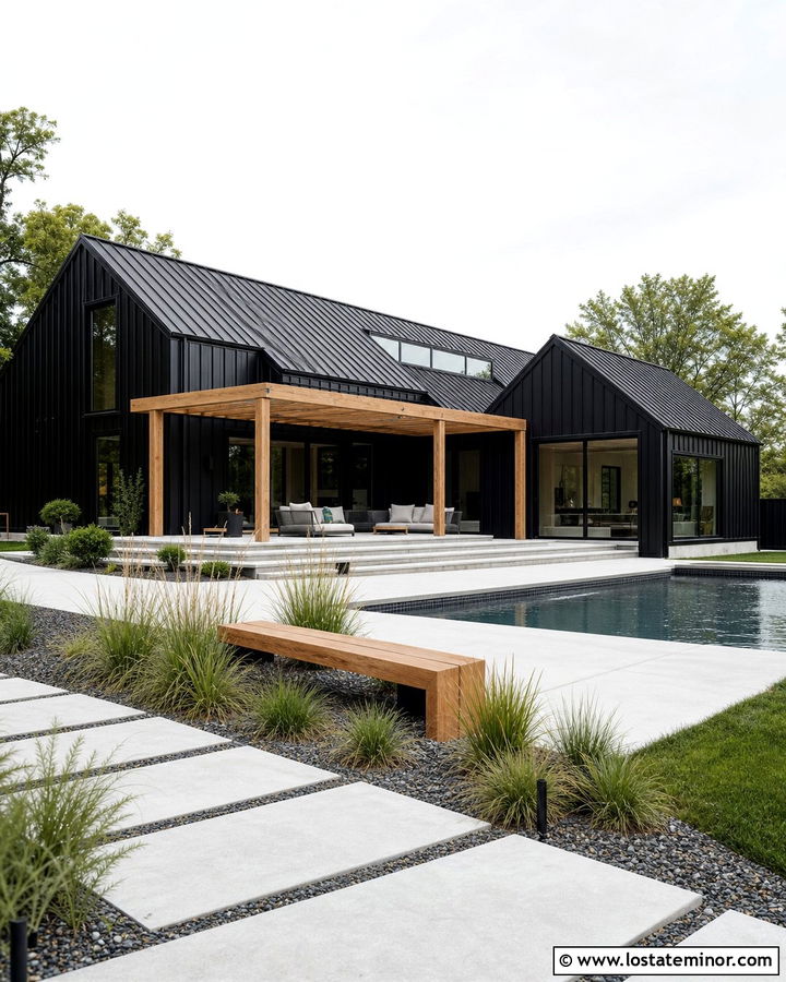Jet Black Metal House With Concrete Pool - 30 Jet Black House Design With Swimming Pool Ideas