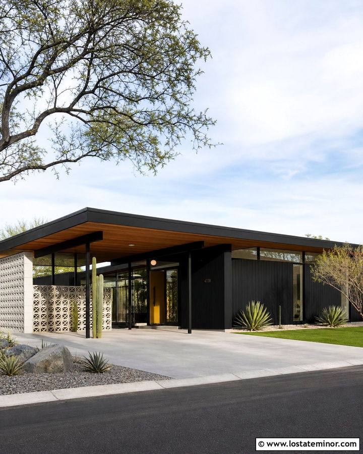 Jet Black Mid Century House With Cantilevered Carport - 30 Jet Black House Design With Carport Ideas