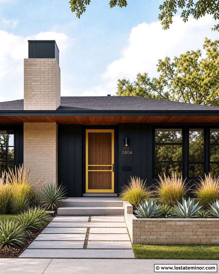 Jet Black Mid Century House With Mustard Screen Door - 30 Jet Black House Design With Screen Door Ideas
