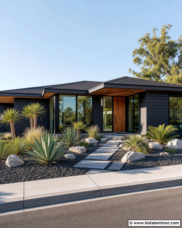 Jet Black Mid Century House With Sculptural Plants - 30 Jet Black House Design With Landscaping Ideas
