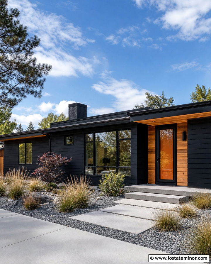 Jet Black Mid Century Modern With Black Storm Door - 30 Jet Black House Design With Storm Door Ideas