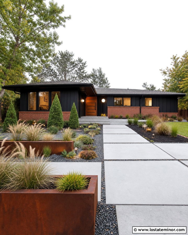 Jet Black Mid Century Ranch With Orange Brick - 30 Jet Black House Design With Brick Accents Ideas
