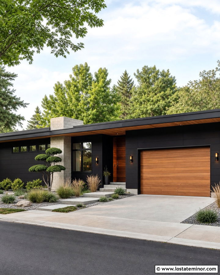 Jet Black Mid Century Siding With Wood Garage - 30 Jet Black House Design With Siding Ideas