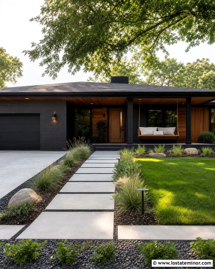 Jet Black Midcentury House With Bench Swing - 30 Jet Black House Design With Swing Ideas