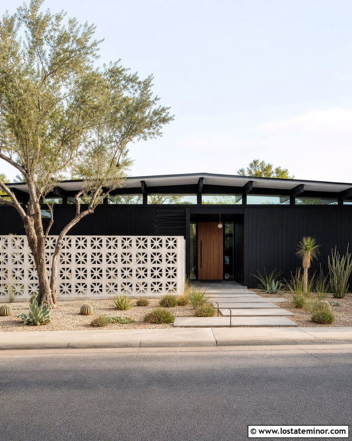 Jet Black Midcentury House With Breeze Block Fence - 30 Jet Black House Design With Fence Ideas