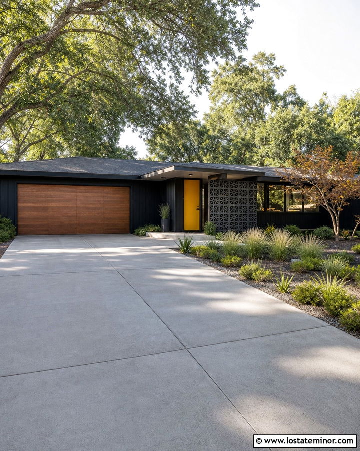 Jet Black Midcentury House With Concrete Driveway - 30 Jet Black House Design With Driveway Ideas