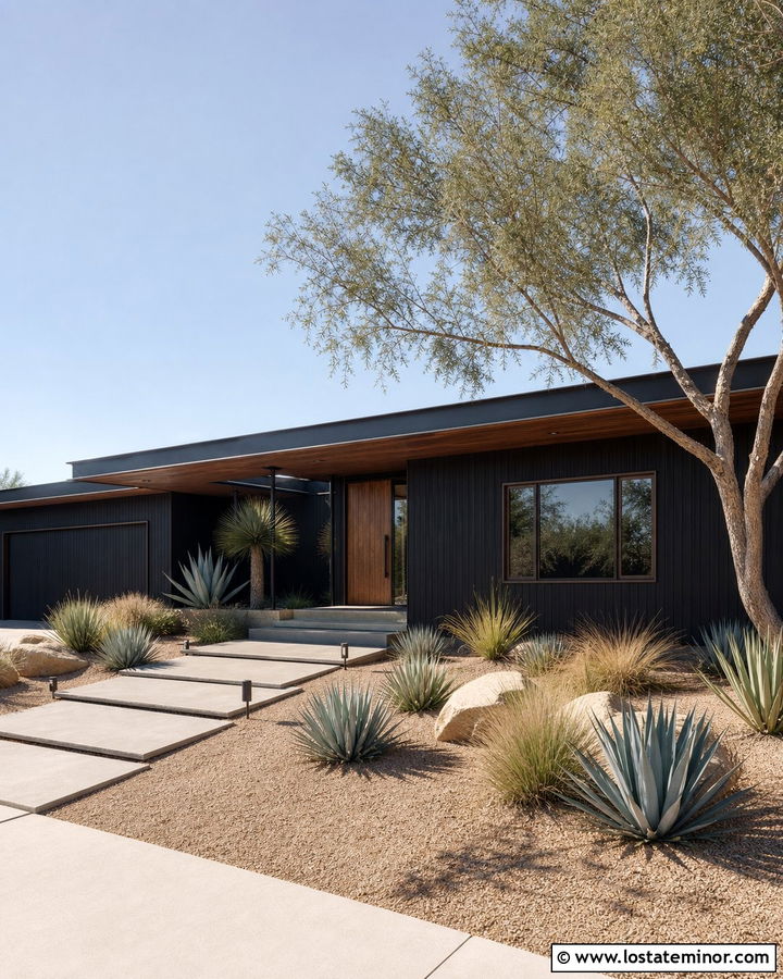 Jet Black Midcentury House With Desert Front Yard - 30 Jet Black House Design With Front Yard Ideas