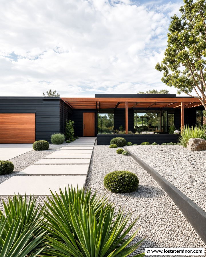 Jet Black Midcentury House With Flat Pergola - 30 Jet Black House Design With Pergola Ideas