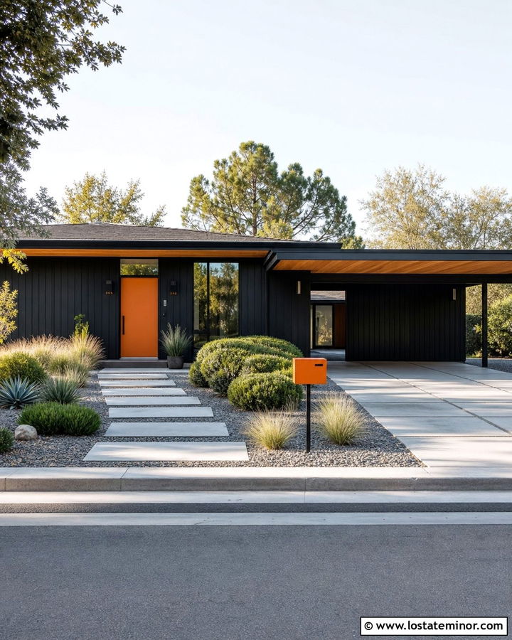 Jet Black Midcentury House With Orange Mailbox - 30 Jet Black House Design With Mailbox Ideas