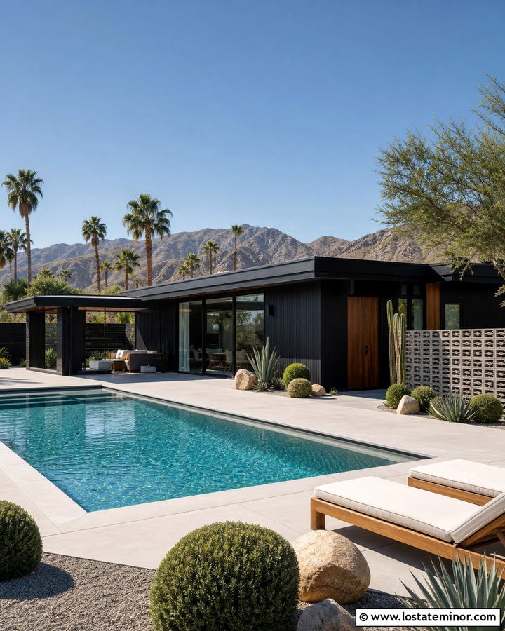 Jet Black Midcentury House With Pool - 30 Jet Black House Design With Swimming Pool Ideas