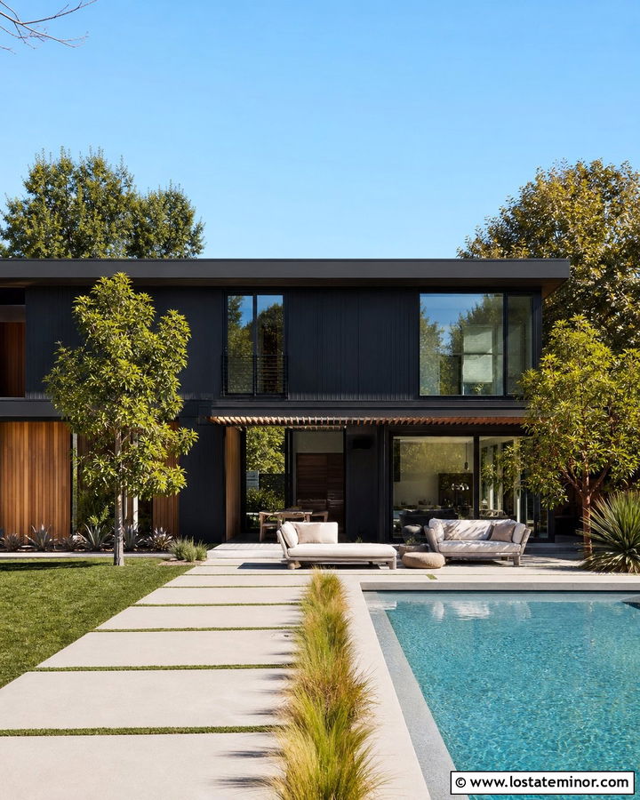 Jet Black Midcentury House With Pool - 30 Jet Black House Design With Backyard Ideas