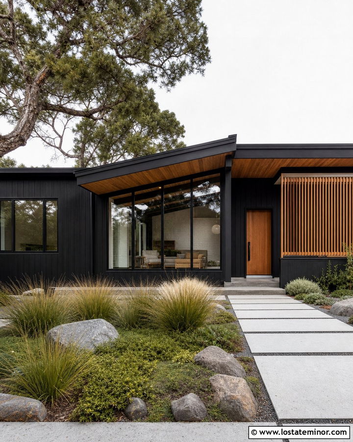 Jet Black Midcentury House With Sloped Sunroom - 30 Jet Black House Design With Sunroom Ideas
