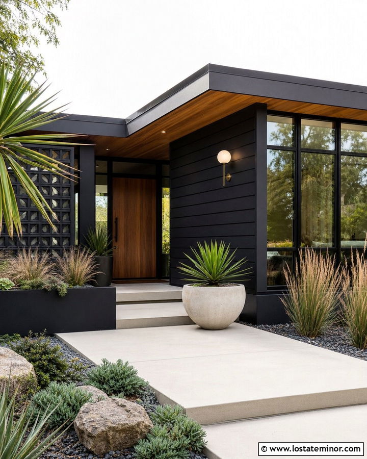 Jet Black Midcentury House With Spherical Sconces - 30 Jet Black House Design With Light Fixtures Ideas