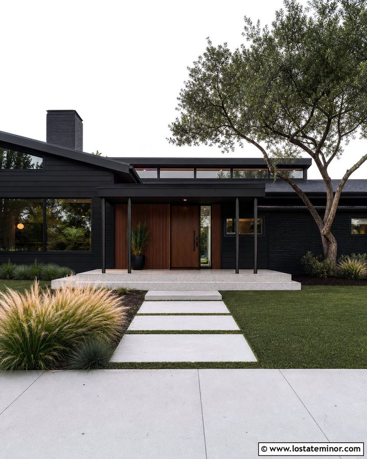 Jet Black Midcentury House With Steel Porch Columns - 30 Jet Black House Design With Porch Columns Ideas