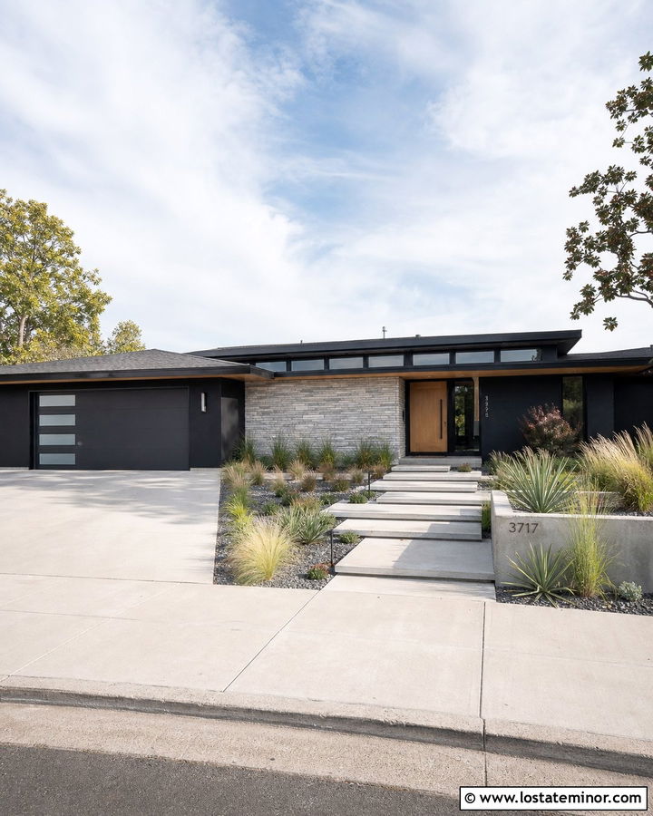 Jet Black Midcentury House With Stone Wall - 30 Jet Black House Design With Stone Accents Ideas
