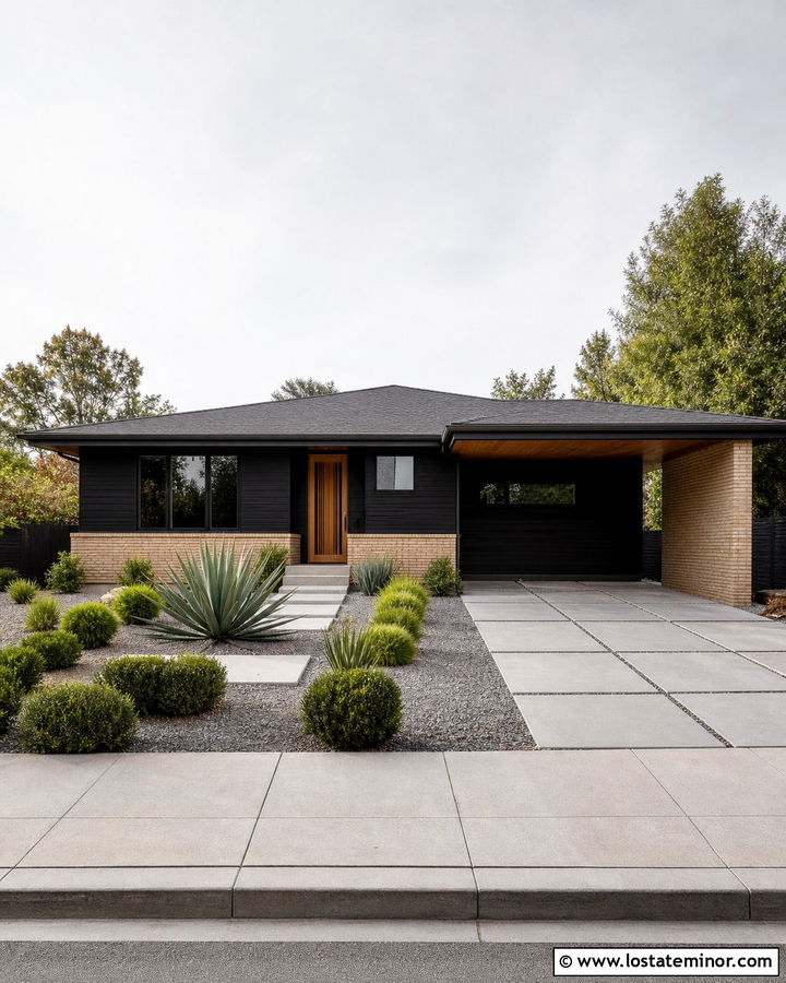 Jet Black Midcentury House With Tan Brick Wainscoting - 30 Jet Black House Design With Wainscoting Ideas
