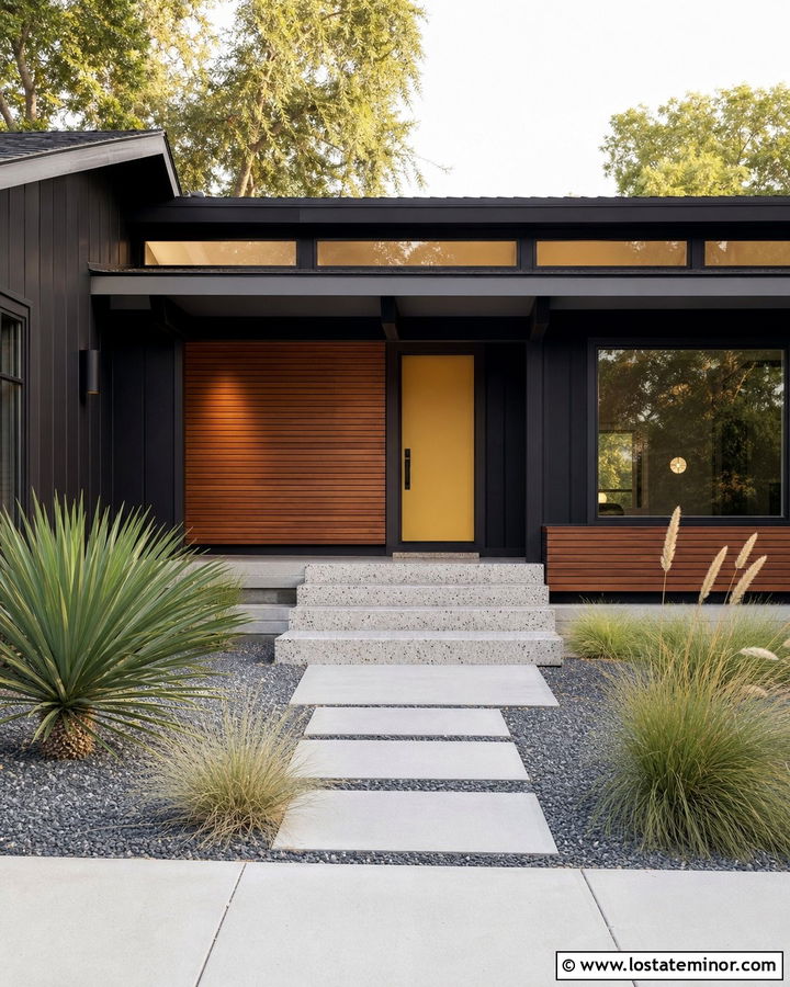 Jet Black Midcentury House With Terrazzo Steps - 30 Jet Black House Design With Steps Ideas