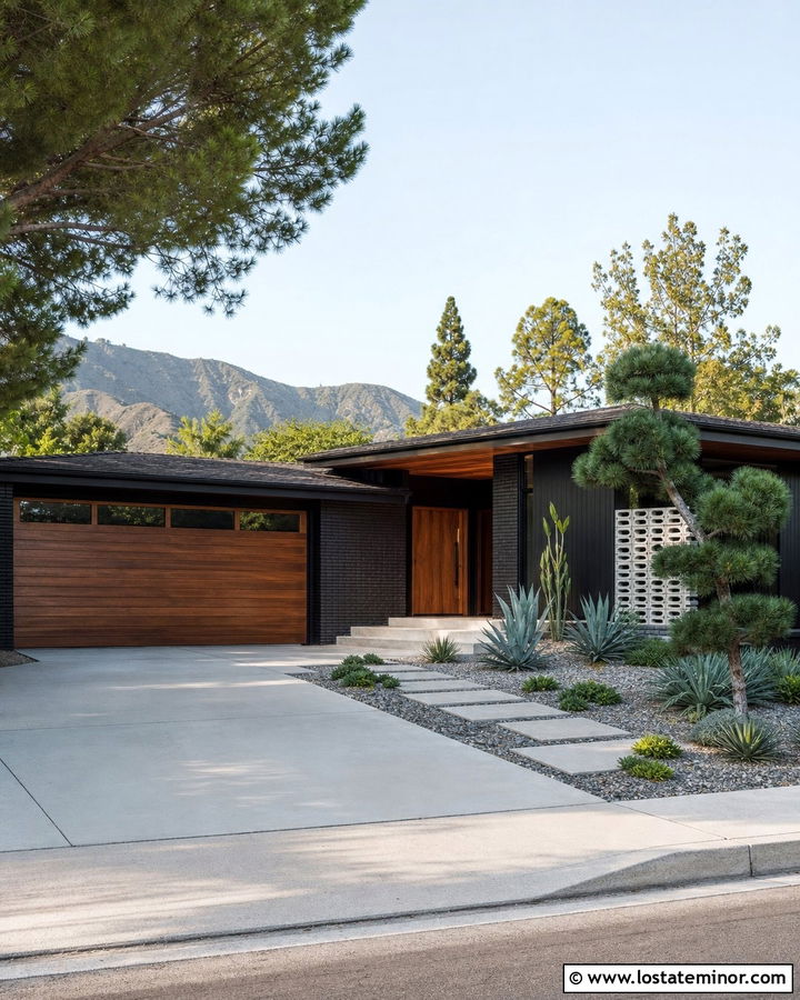 Jet Black Midcentury House With Walnut Slab Garage Door - 30 Jet Black House Design With Garage Door Ideas