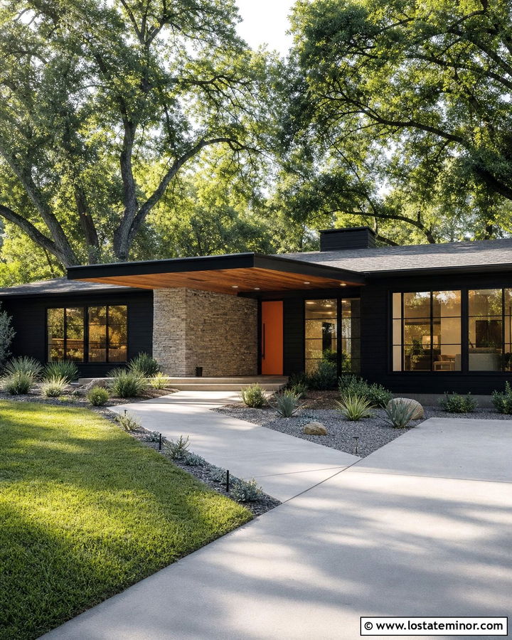 Jet Black Midcentury House With Wood Portico - 30 Jet Black House Design With Portico Ideas