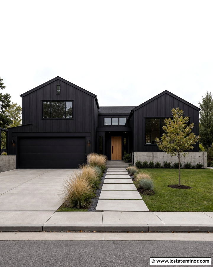 Jet Black Minimalist House With Black Garage Doors - 30 Jet Black House Design With Board and Batten Ideas