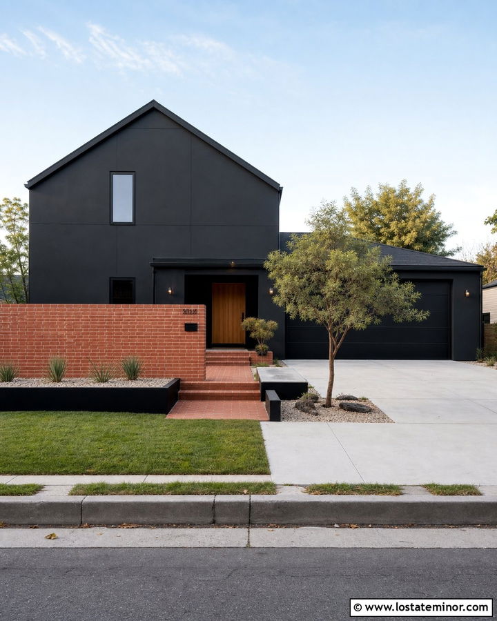 Jet Black Minimalist House With Brick Courtyard - 30 Jet Black House Design With Brick Accents Ideas