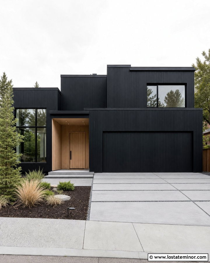 Jet Black Minimalist House With Hidden Garage Door - 30 Jet Black House Design With Garage Door Ideas