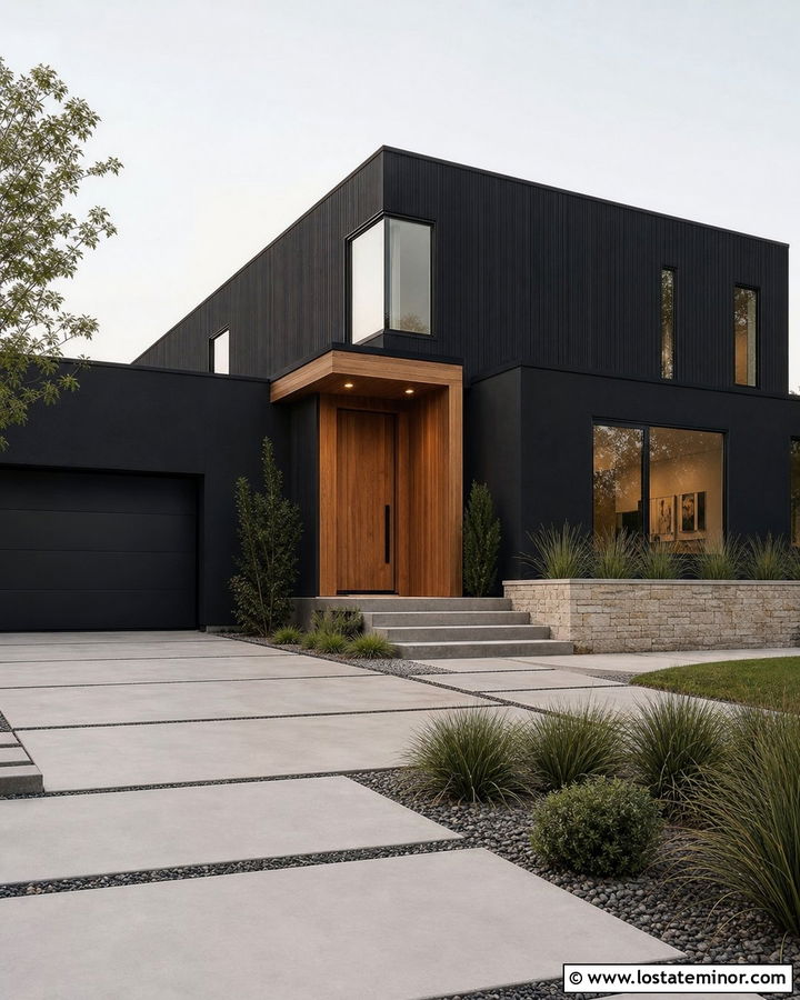 Jet Black Minimalist House With Recessed Entry Lights - 30 Jet Black House Design With Lighting Ideas