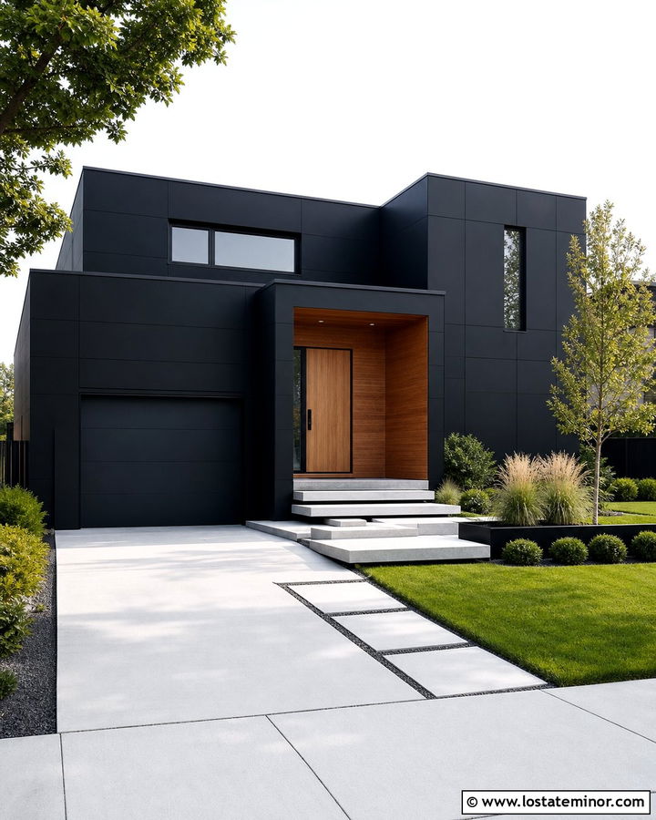 Jet Black Minimalist House With Recessed Porch - 30 Jet Black House Design With Front Porch Ideas