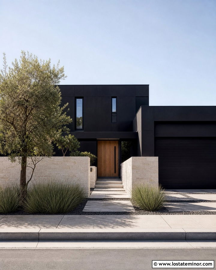 Jet Black Minimalist House With Stone Courtyard - 30 Jet Black House Design With Stone Accents Ideas