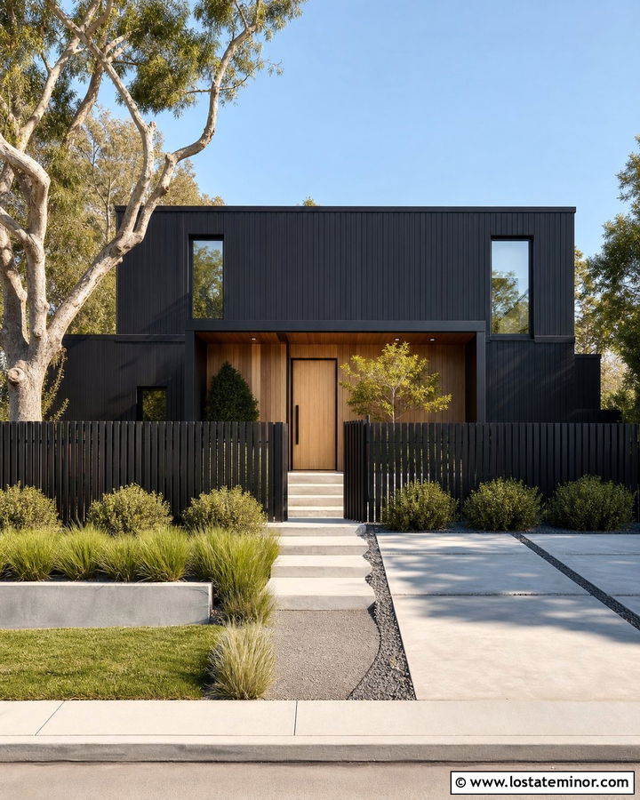 Jet Black Minimalist House With Vertical Fence - 30 Jet Black House Design With Fence Ideas