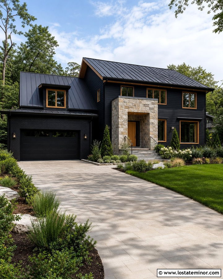 Jet Black Mixed Material House With Wood Window Frames - 30 Jet Black House Design With Window Frames Ideas