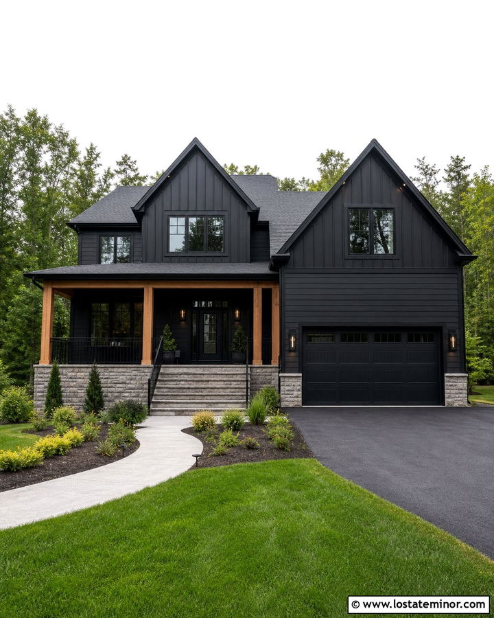 Jet Black Mixed Siding House With Covered Porch - 30 Jet Black House Design With Front Porch Ideas