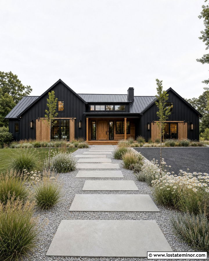 Jet Black Modern Barn House With Crushed Stone Walkway - 30 Jet Black House Design With Walkway Ideas