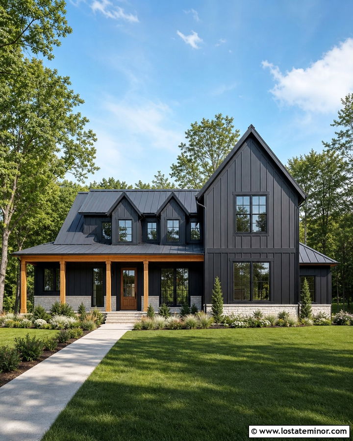 Jet Black Modern Farmhouse Siding With Cedar Porch - 30 Jet Black House Design With Siding Ideas