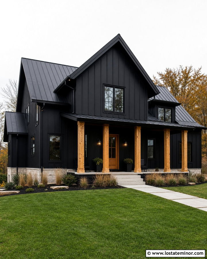 Jet Black Modern Farmhouse With Black Window Frames - 30 Jet Black House Design With Window Frames Ideas