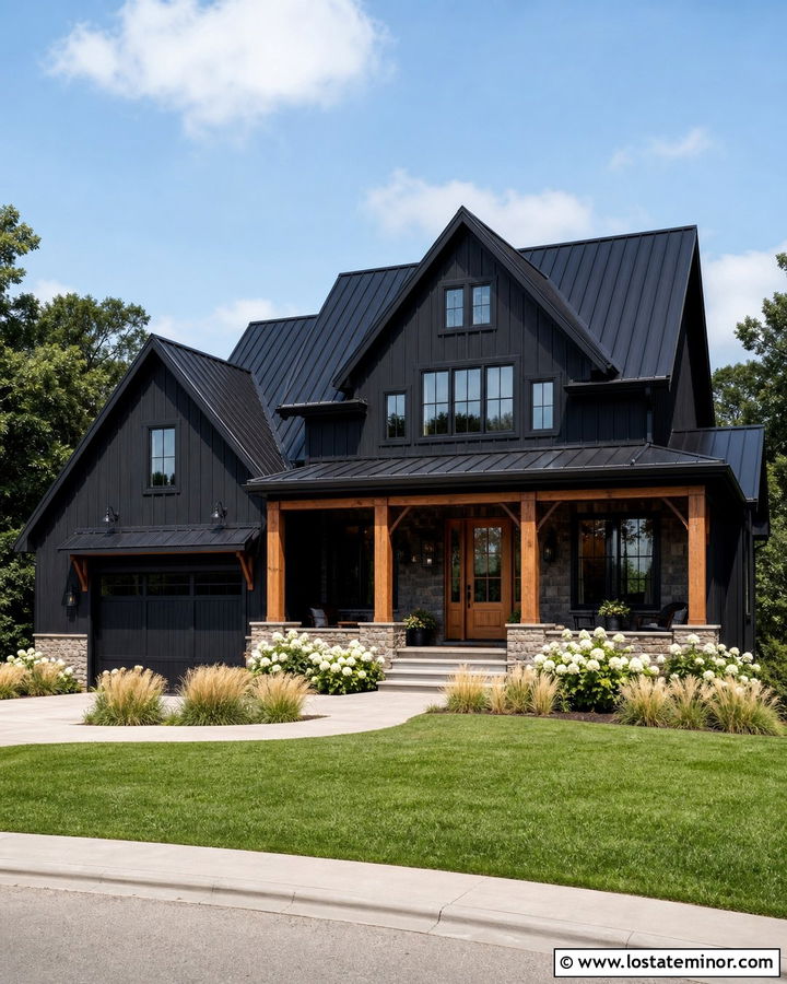 Jet Black Modern Farmhouse With Cedar Accents - 30 Jet Black House Design With Board and Batten Ideas